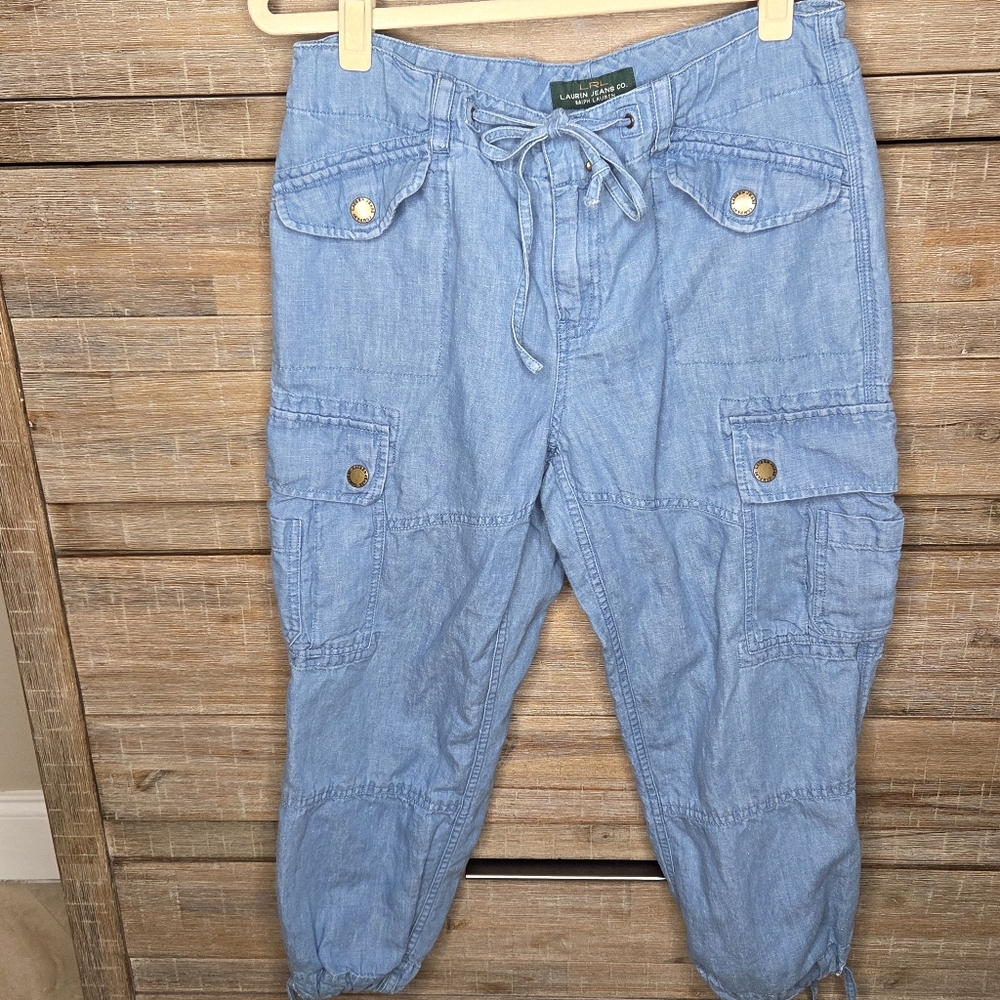 LRL Ralph Lauren Light Wash Chambray Cargo Drawstring Linen Blend Pants Size 6